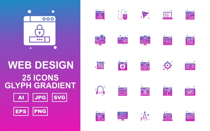 Download Набор иконок "25 Premium Web Design And Development Glyph Gradient Pack Icon Set" / 25 Premium Web Design And Development Glyph Gradient Pack Icon Set - Набор иконок на тему number lock,cloud,document,calendar,file,lcd,drawing compass,laptop,website,mouse,send,web design,camera,design,reload,target,headphone,element,icon,icons