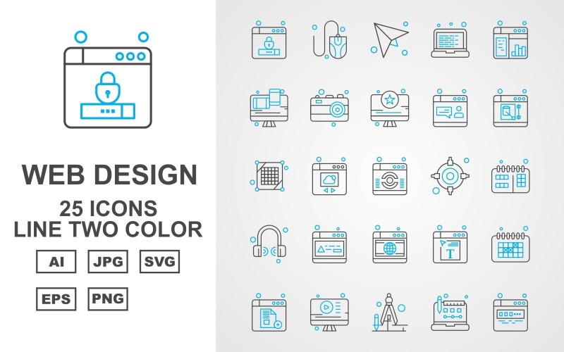 Download Набор иконок "25 Premium Web Design And Development Line Two Color Pack Icon Set" / 25 Premium Web Design And Development Line Two Color Pack Icon Set - Набор иконок на тему number lock,cloud,document,calendar,file,lcd,drawing compass,laptop,website,mouse,send,web design,camera,design,reload,target,headphone,element,icon,icons