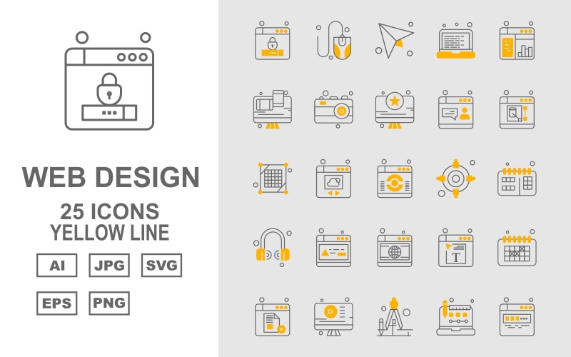 Download Набор иконок "25 Premium Web Design And Development Yellow Line Pack Icon Set" / 25 Premium Web Design And Development Yellow Line Pack Icon Set - Набор иконок на тему number lock,cloud,document,calendar,file,lcd,drawing compass,laptop,website,mouse,send,web design,camera,design,reload,target,headphone,element,icon,icons