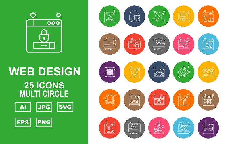 25 Premium Web Design and Development Zestaw ikon Multi Circle Pack