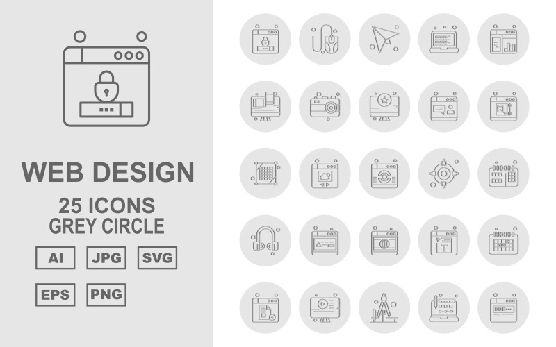 25 Premium Web Design and Development Zestaw ikon szare koło Pack