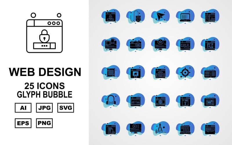 25 premium webdesign en ontwikkeling Glyph Bubble Pack Icon Set