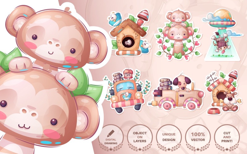 Download Иллюстрация "Set cute sticker - seamless pattern - Illustration" / Set cute sticker - seamless pattern - Illustration - Иллюстрация на тему графика birdhouse,bird,owl,monkey,flower,leaf,cow,bull,ox,ufo,car,travel,girl,dog,puppy,seamless,pattern,cartoon,character,illustration