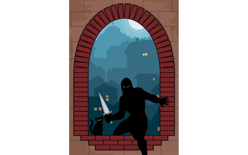 Download Иллюстрация "Assassin - Illustration" / Assassin - Illustration - Иллюстрация на тему графика assassin,killer,murderer,ninja,thug,criminal,window,knife,cat,cityscape,moon,bricks,night,silhouette,vector,illustration,cartoon,sneak,sneaking