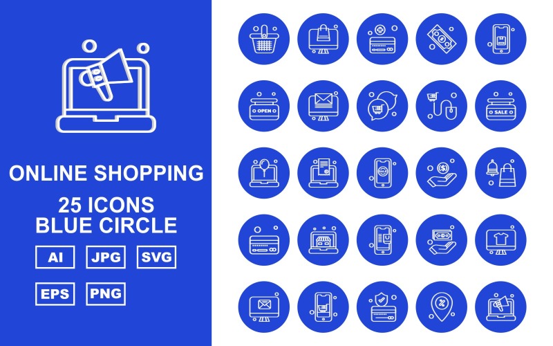 25 Conjunto de ícones do Blue Circle Pack para compras online premium