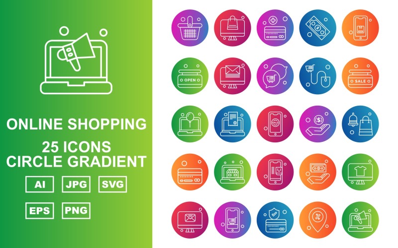 25 Conjunto de ícones do pacote de gradiente de círculo para compras online premium