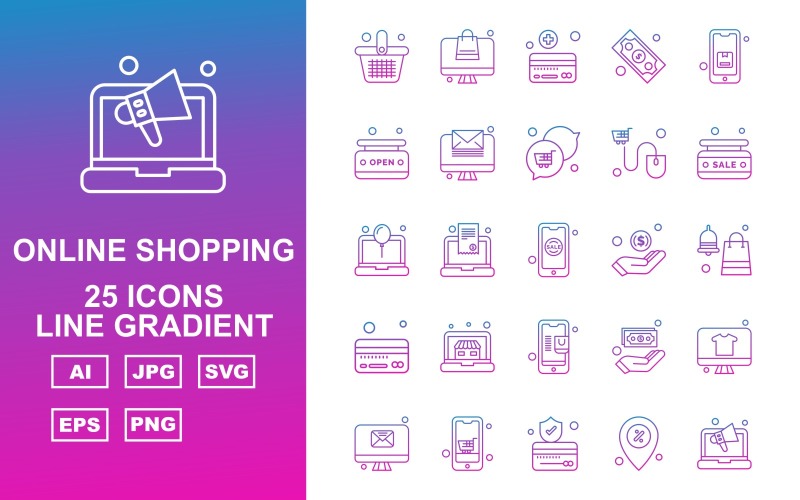 25 Conjunto de ícones do pacote de gradiente de linha de compras online Premium