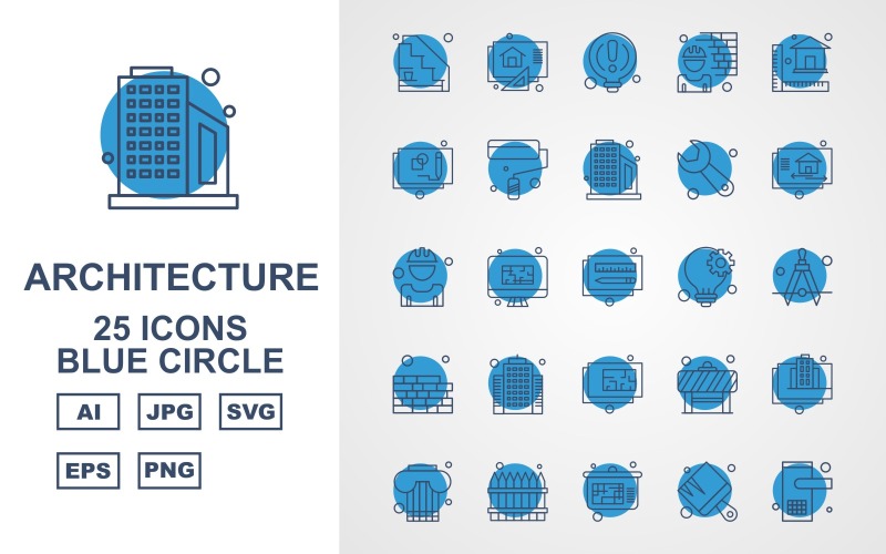 25 Conjunto de iconos de paquete de círculo azul de arquitectura premium