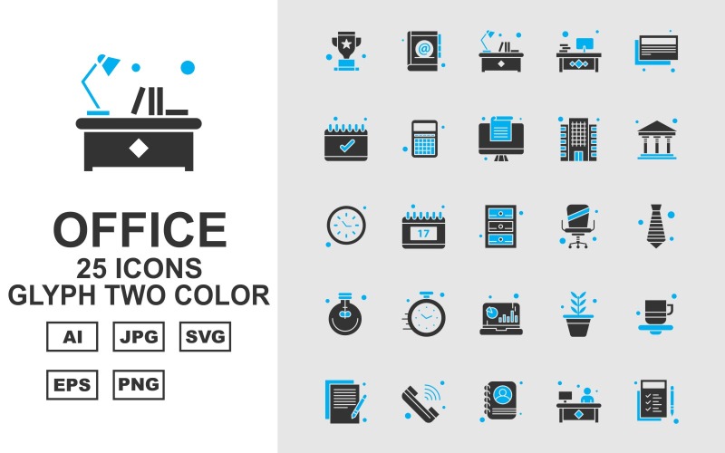Conjunto de iconos de paquete de dos colores de glifos de oficina premium 25