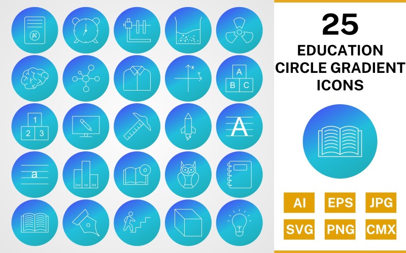 Download Набор иконок "25 Education Circle Gradient Icon Set" / 25 Education Circle Gradient Icon Set - Набор иконок на тему science set,file,icon,icons,line,circle,vector,sign,symbol,pictogram,gradient,education,brain,cube,book dvd,open book,electron,alarm,notepad,radiation