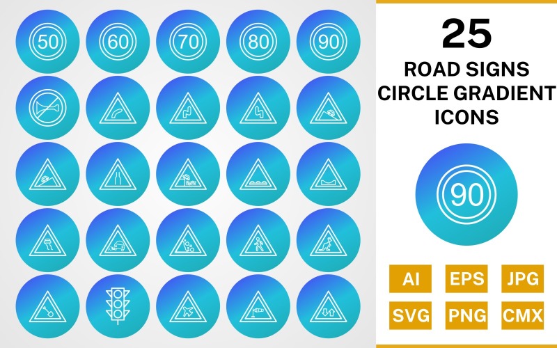 Ensemble d'icônes de dégradé de cercle de 25 panneaux de signalisation