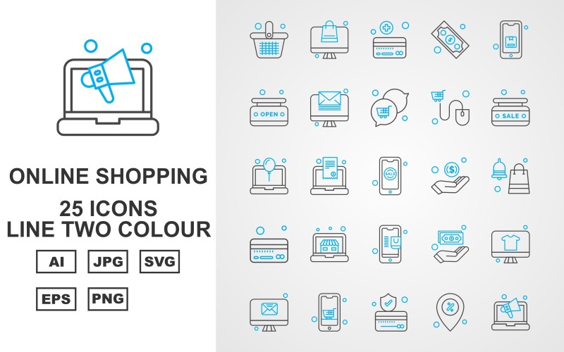 Ensemble d'icônes de pack de deux couleurs de ligne de 25 achats en ligne premium