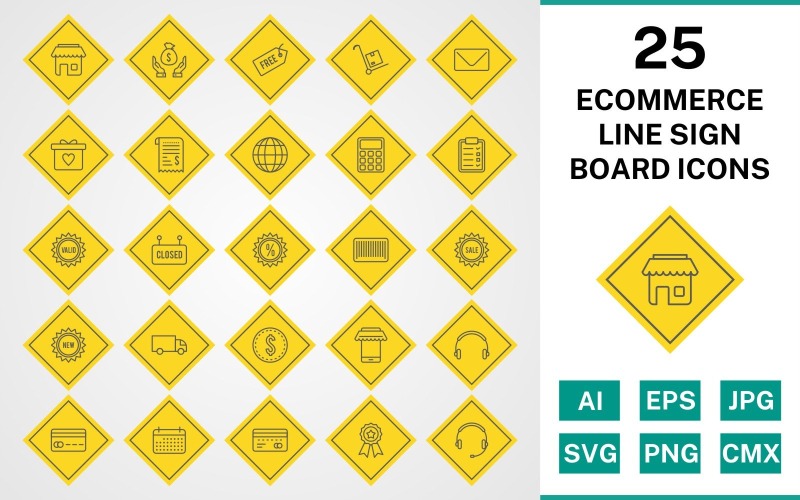 25 Ensemble d'icônes de panneau de signe de ligne de commerce électronique