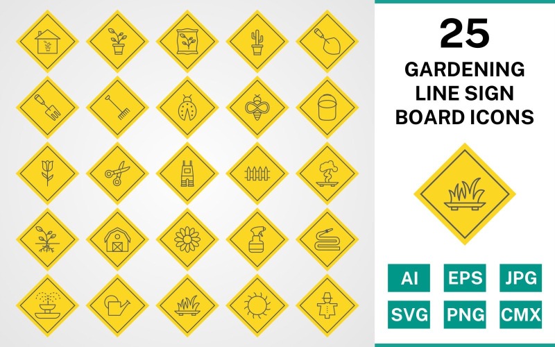 Download Набор иконок "25 Gardening Line Sign Board Icon Set" / 25 Gardening Line Sign Board Icon Set - Набор иконок на тему text set,file,icon,icons,line,vector,sign,symbol,pictogram,board,gardening,sprout,pail,hose,barn,root,grass,watercan,trowel