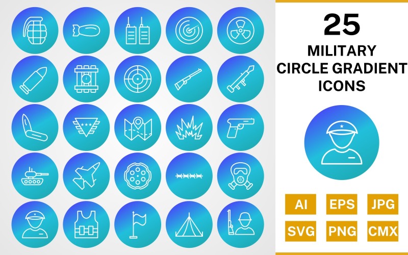 Download Набор иконок "25 Military Circle Gradient Icon Set" / 25 Military Circle Gradient Icon Set - Набор иконок на тему military set,file,icon,icons,line,circle,vector,sign,symbol,pictogram,gradient,military,bullet,target,grenade,jet,tent,gun,blast,radar