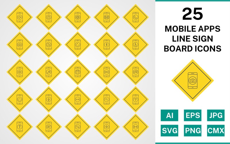 25 mobilalkalmazások vonal aláíró tábla ikonkészlet
