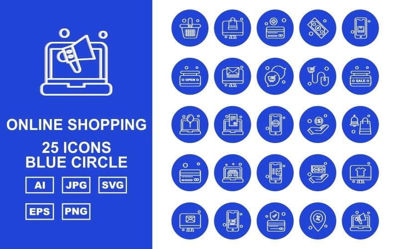 25 премиальных интернет-магазинов Blue Circle Pack Icon Set