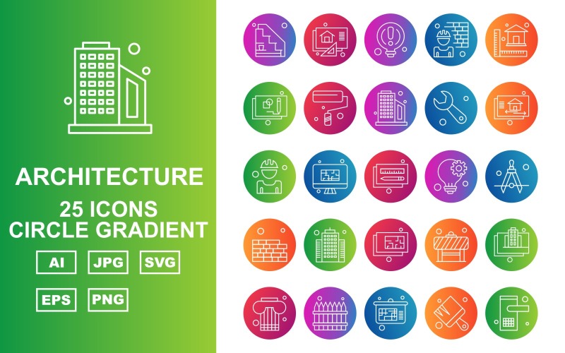 Download Набор иконок "25 Premium Architecture Circle Gradient Pack Icon Set" / 25 Premium Architecture Circle Gradient Pack Icon Set - Набор иконок на тему city career,led,barrier,building,column,fence,analytics,architecture,art,bulb,brick,roll,wrench,home,construction worker,pencil,drawing compass,bricks,icon,icons