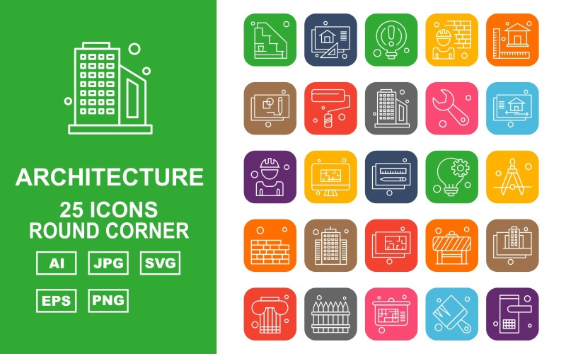 Download Набор иконок "25 Premium Architecture Round Corner Pack Icon Set" / 25 Premium Architecture Round Corner Pack Icon Set - Набор иконок на тему city career,led,barrier,building,column,fence,analytics,architecture,art,bulb,brick,roll,wrench,home,construction worker,pencil,drawing compass,bricks,icon,icons