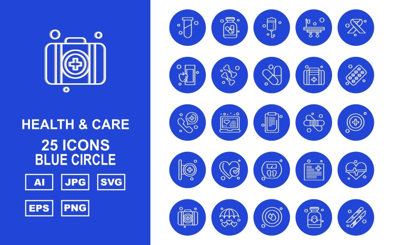 25 prémium egészségügyi és gondozási kék kör csomag ikon készlet