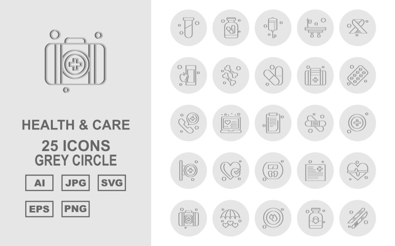 25 Premium Gesundheit und Pflege Gray Circle Pack Icon Set