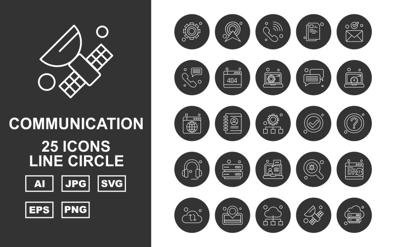 25 prémium hálózati és kommunikációs vonal kör csomag ikon készlet