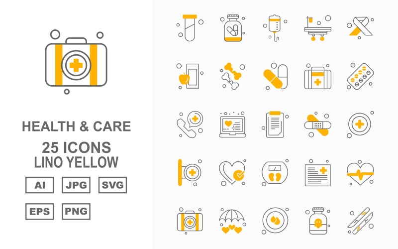 25 Premium Hälsa och vård Lino Yellow Pack Ikonuppsättning
