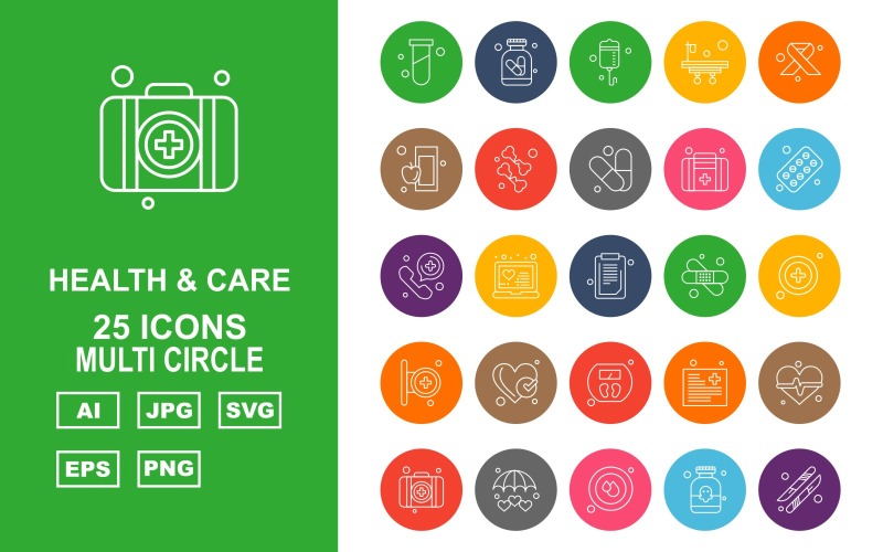 Download Набор иконок "25 Premium Health And Care Multi Circle Pack Icon Set" / 25 Premium Health And Care Multi Circle Pack Icon Set - Набор иконок на тему medical test tube,laptop,file,heart beat,briefcase,umbrella,blood drop,scalpel,drip,bed,symbolic cancer ribbon,apple,bone,medical,tablet,telephone,document,bandage,icon,icons