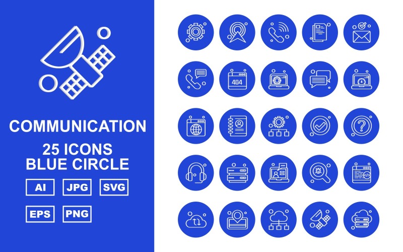 25 Premium-nätverk och kommunikation Blue Circle Pack Ikonuppsättning