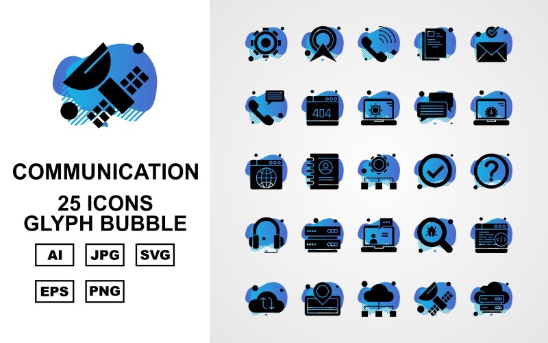 25 Premium netwerk- en communicatie Glyph Bubble Pack Icon Set