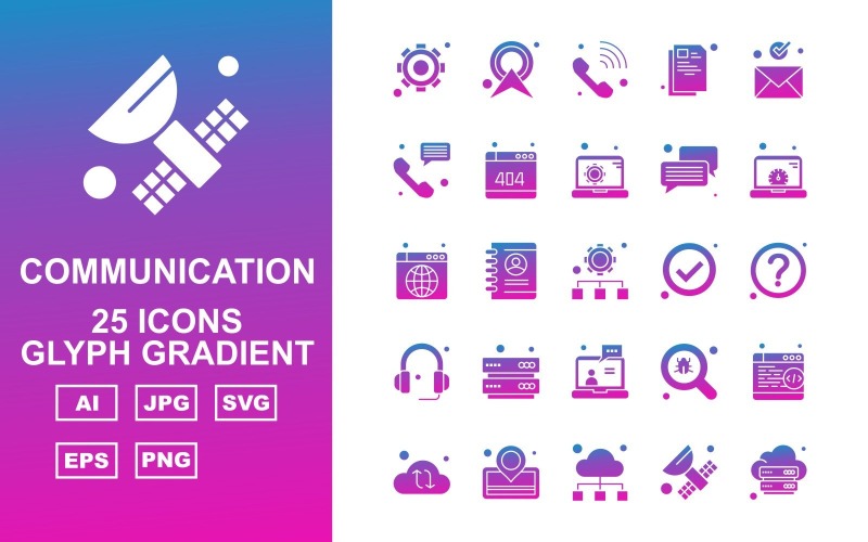 25 Premium netwerk- en communicatie Glyph Gradient Pack Icon Set
