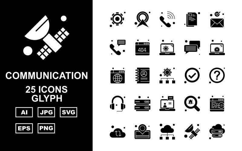 Download Набор иконок "25 Premium Network And Communication Glyph Pack Icon Set" / 25 Premium Network And Communication Glyph Pack Icon Set - Набор иконок на тему network setting,profile,find,browser,cloud,location,satellite,server,ower signal,telephone,document,email,chat,website,laptop,accept,question mark,headphone,icon,icons