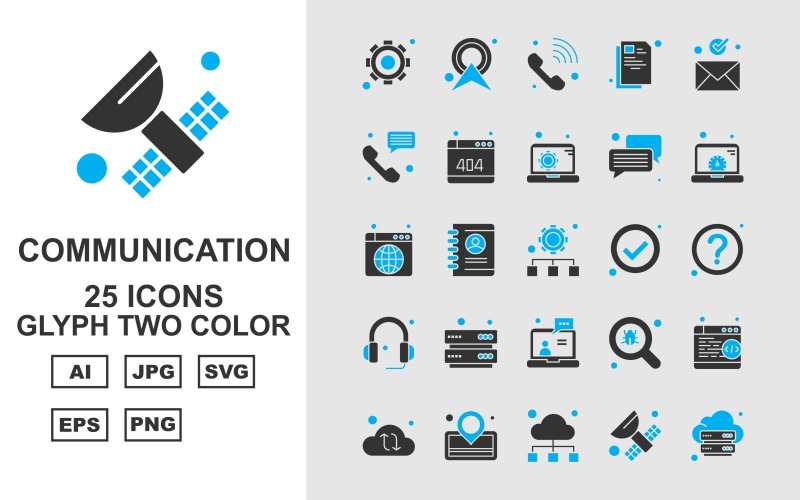 Download Набор иконок "25 Premium Network And Communication Glyph Two Color Pack Icon Set" / 25 Premium Network And Communication Glyph Two Color Pack Icon Set - Набор иконок на тему network setting,profile,find,browser,cloud,location,satellite,server,ower signal,telephone,document,email,chat,website,laptop,accept,question mark,headphone,icon,icons