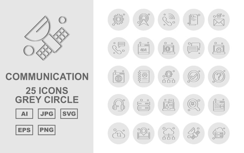 Download Набор иконок "25 Premium Network And Communication Grey Circle Pack Icon Set" / 25 Premium Network And Communication Grey Circle Pack Icon Set - Набор иконок на тему network setting,profile,find,browser,cloud,location,satellite,server,ower signal,telephone,document,email,chat,website,laptop,accept,question mark,headphone,icon,icons