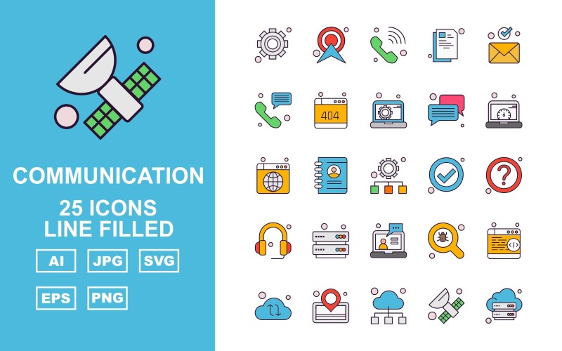 Download Набор иконок "25 Premium Network And Communication Line Filled Pack Icon Set" / 25 Premium Network And Communication Line Filled Pack Icon Set - Набор иконок на тему network setting,profile,find,browser,cloud,location,satellite,server,ower signal,telephone,document,email,chat,website,laptop,accept,question mark,headphone,icon,icons