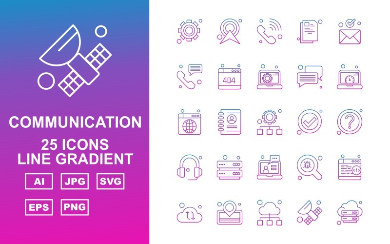Download Набор иконок "25 Premium Network And Communication Line Gradient Pack Icon Set" / 25 Premium Network And Communication Line Gradient Pack Icon Set - Набор иконок на тему network setting,profile,find,browser,cloud,location,satellite,server,ower signal,telephone,document,email,chat,website,laptop,accept,question mark,headphone