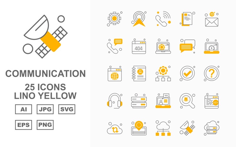 Download Набор иконок "25 Premium Network And Communication Lino Yellow Pack Icon Set" / 25 Premium Network And Communication Lino Yellow Pack Icon Set - Набор иконок на тему network setting,profile,find,browser,cloud,location,satellite,server,ower signal,telephone,document,email,chat,website,laptop,accept,question mark,headphone,icon,icons