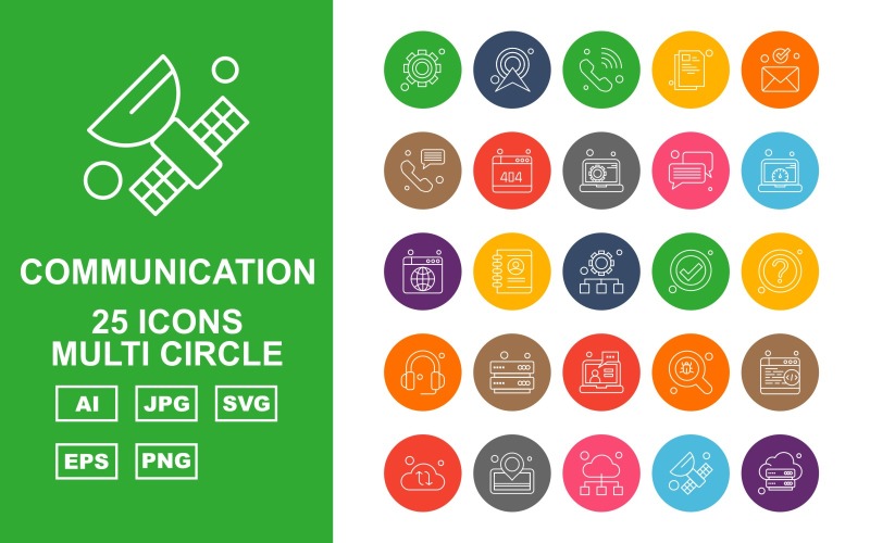 Download Набор иконок "25 Premium Network And Communication Multi Circle Pack Icon Set" / 25 Premium Network And Communication Multi Circle Pack Icon Set - Набор иконок на тему network setting,profile,find,browser,cloud,location,satellite,server,ower signal,telephone,document,email,chat,website,laptop,accept,question mark,headphone,icon,icons