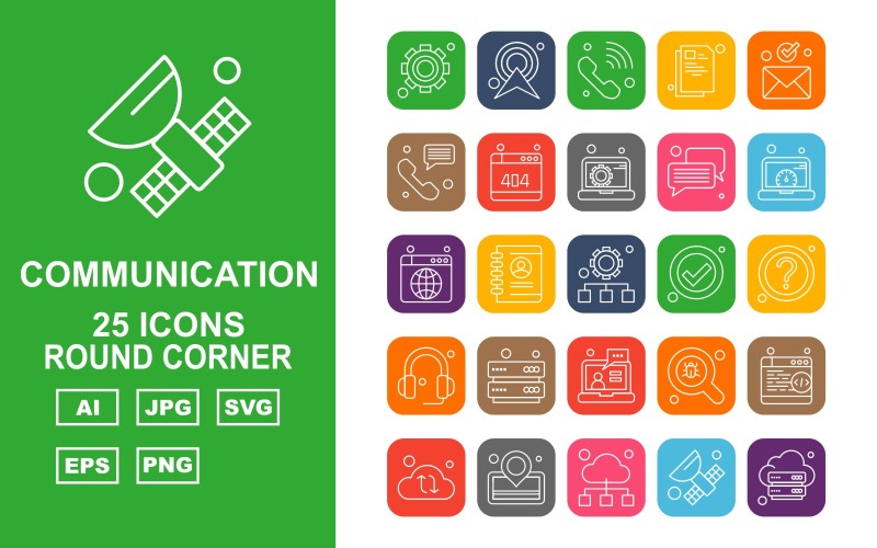 Download Набор иконок "25 Premium Network And Communication Round Corner Pack Icon Set" / 25 Premium Network And Communication Round Corner Pack Icon Set - Набор иконок на тему network setting,profile,find,browser,cloud,location,satellite,server,ower signal,telephone,document,email,chat,website,laptop,accept,question mark,headphone