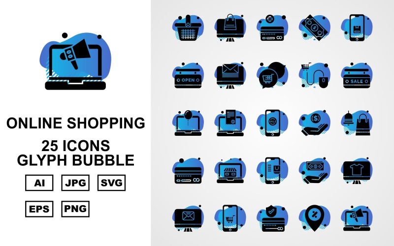 25 Premium Online Shopping Glyph Bubble Pack Ikonuppsättning