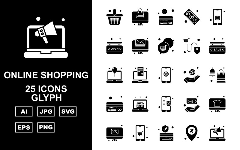 Download Набор иконок "25 Premium Online Shopping Glyph Pack Icon Set" / 25 Premium Online Shopping Glyph Pack Icon Set - Набор иконок на тему shopping basket,document,dollar,lcd,mobile,credit card,location,laptop,label,chat,mouse,sale,hand,shopping bag,element,design,abstract,background,icon