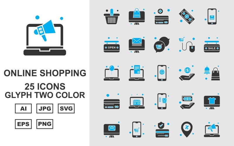 Download Набор иконок "25 Premium Online Shopping Glyph Two Color Pack Icon Set" / 25 Premium Online Shopping Glyph Two Color Pack Icon Set - Набор иконок на тему shopping basket,document,dollar,lcd,mobile,credit card,location,laptop,label,chat,mouse,sale,hand,shopping bag,element,design,background,icon,icons