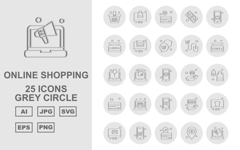 25 Premium Online Shopping Gray Circle Pack Icon Set