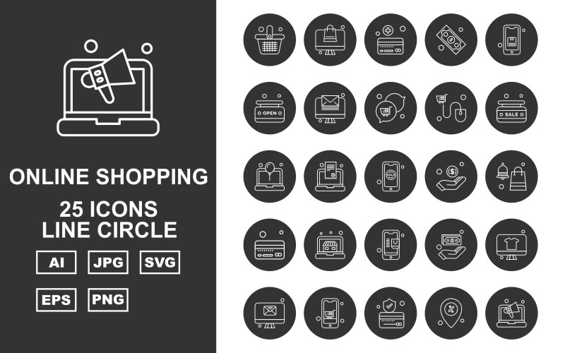 Download Набор иконок "25 Premium Online Shopping Line Circle Pack Icon Set" / 25 Premium Online Shopping Line Circle Pack Icon Set - Набор иконок на тему shopping basket,document,dollar,lcd,mobile,credit card,location,laptop,label,chat,mouse,sale,hand,shopping bag,element,design,abstract,background,icon,icons