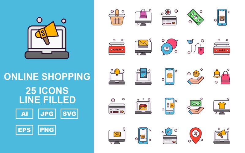 Download Набор иконок "25 Premium Online Shopping Line Filled Pack Icon Set" / 25 Premium Online Shopping Line Filled Pack Icon Set - Набор иконок на тему shopping basket,document,dollar,lcd,mobile,credit card,location,laptop,label,chat,mouse,sale,hand,shopping bag,element,design,abstract,background,icon