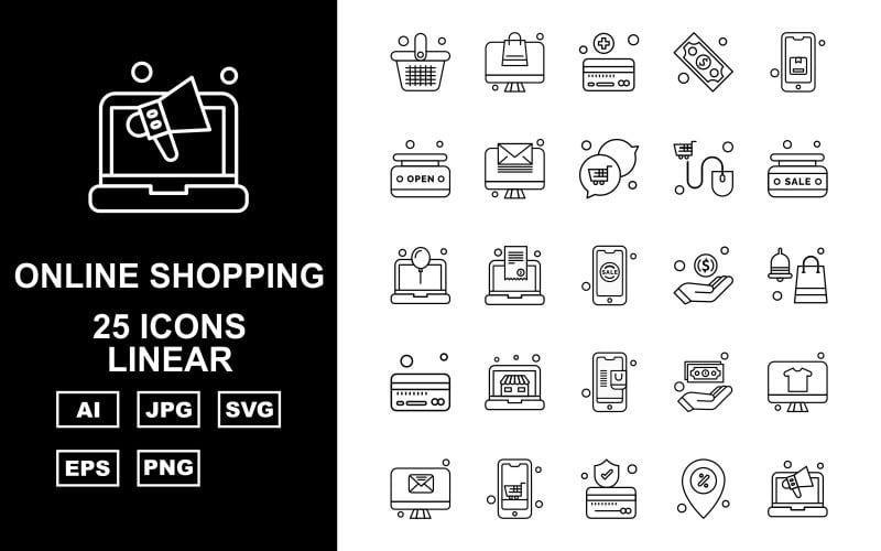 Download Набор иконок "25 Premium Online Shopping Linear Pack Icon Set" / 25 Premium Online Shopping Linear Pack Icon Set - Набор иконок на тему shopping basket,document,dollar,lcd,mobile,credit card,location,laptop,label,chat,mouse,sale,hand,shopping bag,element,design,abstract,background,icon,icons