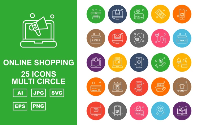 Download Набор иконок "25 Premium Online Shopping Multi Circle Pack Icon Set" / 25 Premium Online Shopping Multi Circle Pack Icon Set - Набор иконок на тему shopping basket,document,dollar,lcd,mobile,credit card,location,laptop,label,chat,mouse,sale,hand,shopping bag,element,design,abstract,background,icon,icons