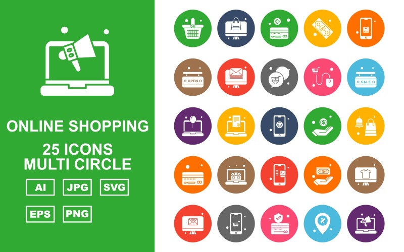 Download Набор иконок "25 Premium Online Shopping Multi Circle Pack Icon Set" / 25 Premium Online Shopping Multi Circle Pack Icon Set - Набор иконок на тему shopping basket,document,dollar,lcd,mobile,credit card,location,laptop,label,chat,mouse,sale,hand,shopping bag,element,design,abstract,background,icon,icons