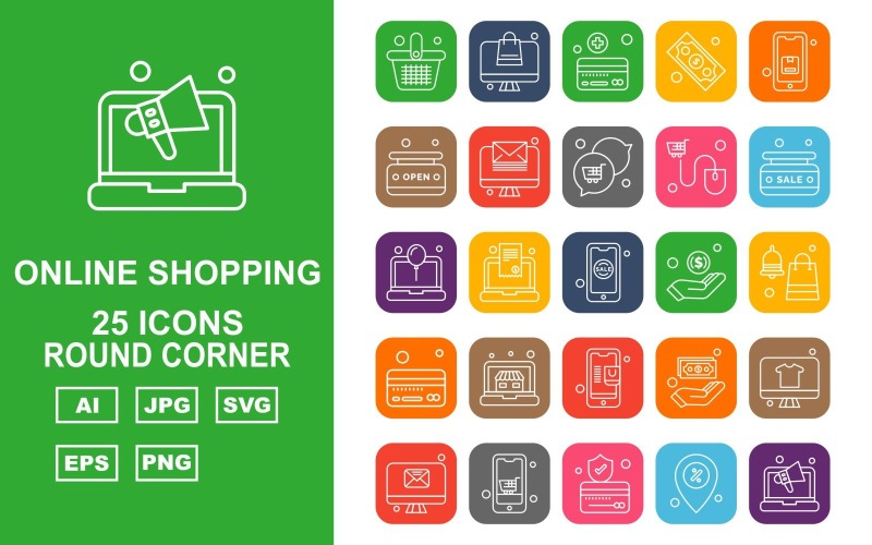 Download Набор иконок "25 Premium Online Shopping Round Corner Pack Icon Set" / 25 Premium Online Shopping Round Corner Pack Icon Set - Набор иконок на тему shopping basket,document,dollar,lcd,mobile,credit card,location,laptop,label,chat,mouse,sale,hand,shopping bag,element,design,abstract,background,icon,icons
