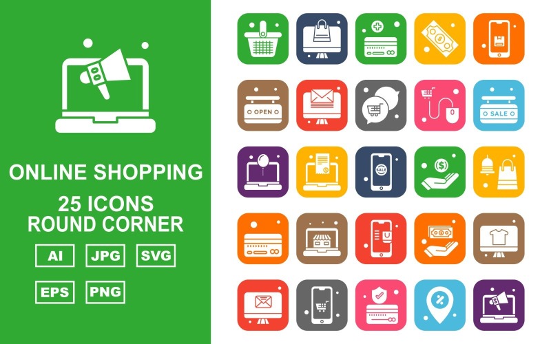 Download Набор иконок "25 Premium Online Shopping Round Corner Pack Icon Set" / 25 Premium Online Shopping Round Corner Pack Icon Set - Набор иконок на тему shopping basket,document,dollar,lcd,mobile,credit card,location,laptop,label,chat,mouse,sale,hand,shopping bag,element,design,abstract,background,icon,icons